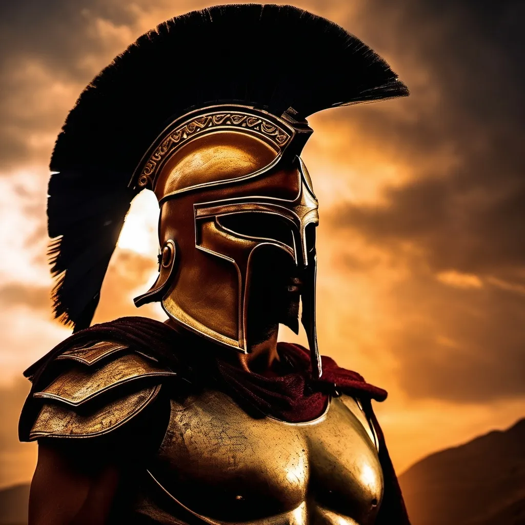 Prompt: A spartan mercenary from ancient Greece wearing spartan warrior armor and a spartan warrior helmet with her face being covered up by darkness and only the glowing of her bright glowing eyes are seen. 