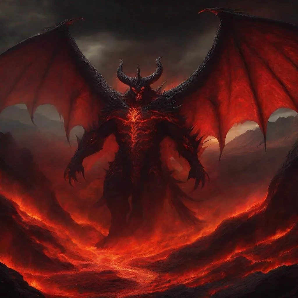 Prompt: Detailed digital painting of Demon Mammon, ominous black and crimson color tones, hellish landscape with lava rivers, towering demon with gigantic wings, fiery eyes and menacing grin, highres, ultra-detailed, digital painting, demonic, ominous, menacing, hellish landscape, fiery eyes, towering wings, black and crimson, professional, atmospheric lighting