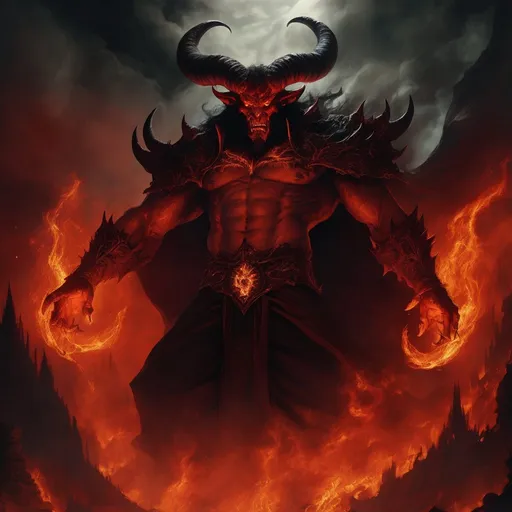Prompt: Detailed illustration of Demon King Asmodeus, fiery inferno backdrop, imposing demonic figure with towering horns, dark and intimidating presence, high-quality rendering, digital painting, dark fantasy, fiery red tones, menacing aura, intricate armor details, glowing eyes, epic and dramatic lighting, hellish atmosphere