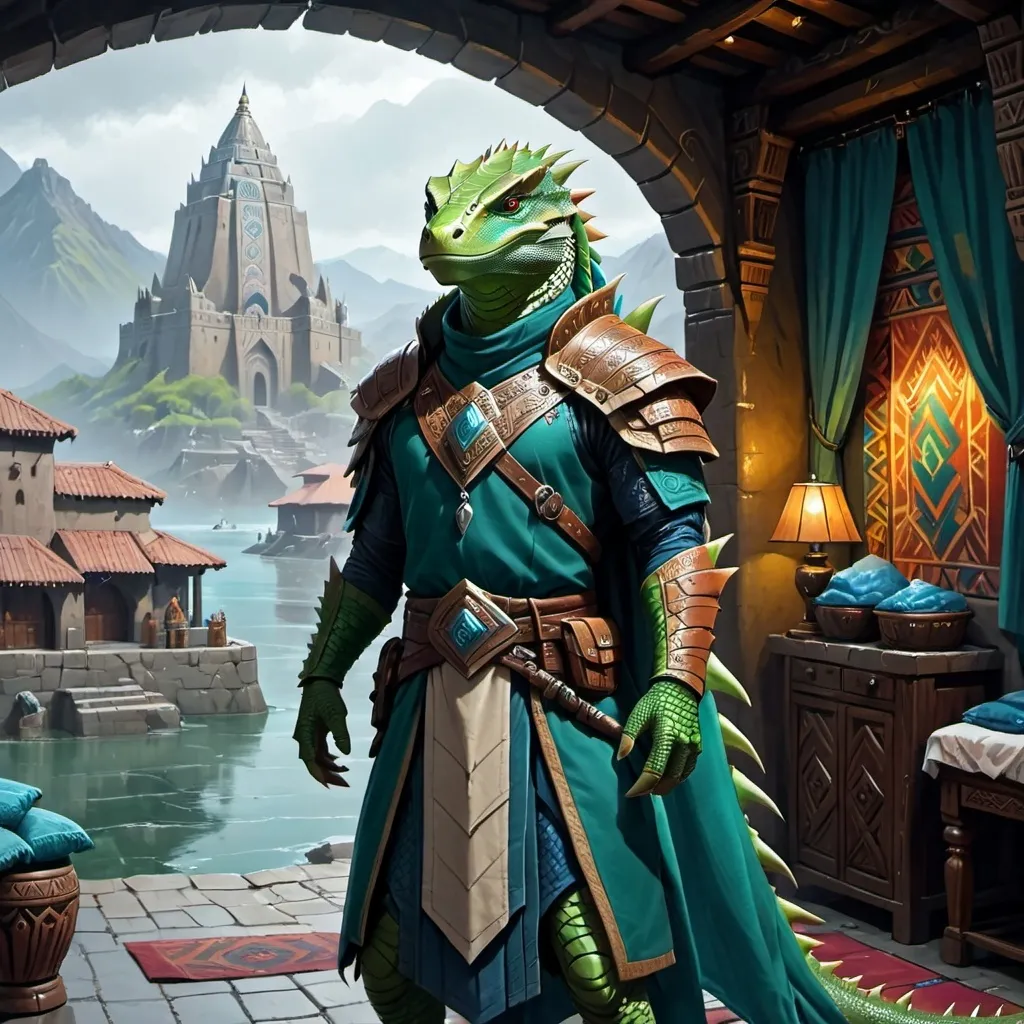 Prompt: a sea ​​green lizardman warrior in modernized medieval Armenian armor, standing in front of a Aztec interior with blue cotton curtains and in front of rainy mountain fantasy city with bay, Art of Brom, fantasy art, epic fantasy character art, concept art