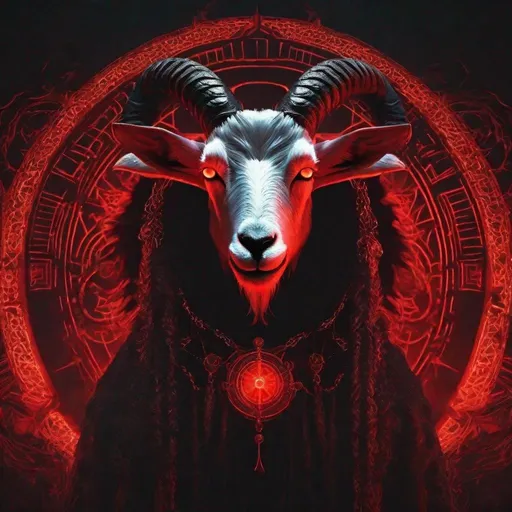 Prompt: Goat demon, dark magical summoning circle, eerie glowing symbols, horned creature with glowing eyes, sinister atmosphere, hellish red and black color tones, high contrast, detailed fur and horns, demonic visage, unsettling presence, high quality, dark fantasy, mystical, menacing aura, glowing runes, sinister lighting
