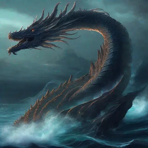 Prompt: Archdemon Forneus, gigantic sea serpent creature, sea monster, dark aura, ocean sea, 