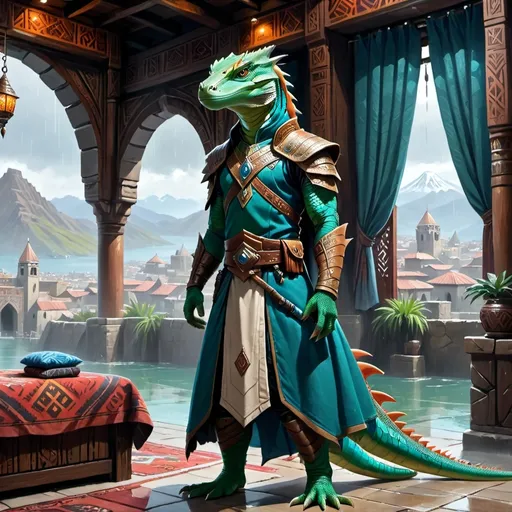 Prompt: a sea ​​green lizardman warrior in modernized medieval Armenian armor, standing in front of a Aztec interior with blue cotton curtains and in front of rainy mountain fantasy city with bay, Art of Brom, fantasy art, epic fantasy character art, concept art