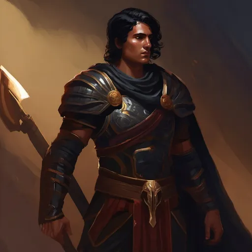 Prompt: A young spartan general. shadow entity. He wears a black hoplite armor. Black hair. Dark background. D&d art. 2d art. 2d. Detailed. 