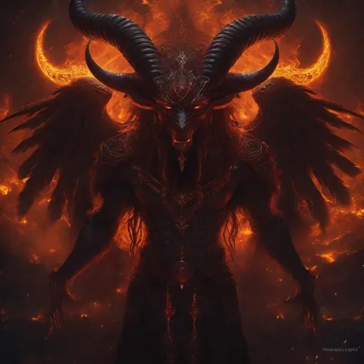 Prompt: Archdemon Andras, digital art, fiery demonic presence, imposing figure, intricate demonic symbols, intense glowing eyes, dark and sinister atmosphere, high definition, dark fantasy, fiery tones, dramatic lighting, menacing aura, detailed horns and wings, surreal and otherworldly