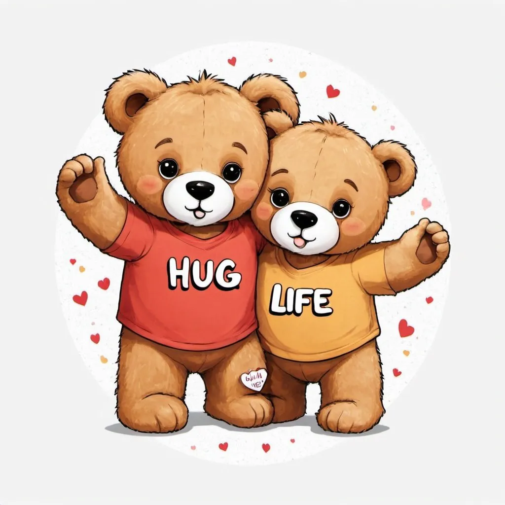 Prompt:  At-shirt design with a white background saying "Hug Life" in the style
 of "Cuddly Teddy Bears."