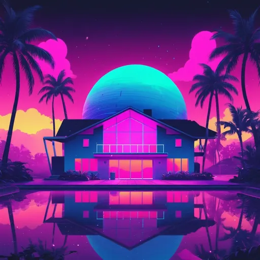 Prompt: spotify playlist thumbnail for a public edm/synthwave/house playlist. colorful and artsy.