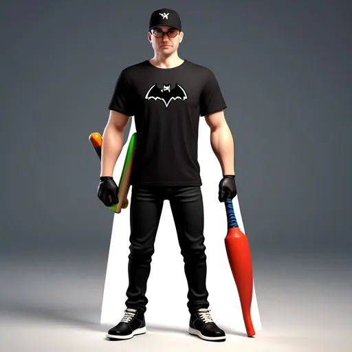 Prompt: a man wearing a black shirt and black pants with a bat on it and a black t - shirt with a bat on it, Altichiero, rayonism, rtx, a 3D render