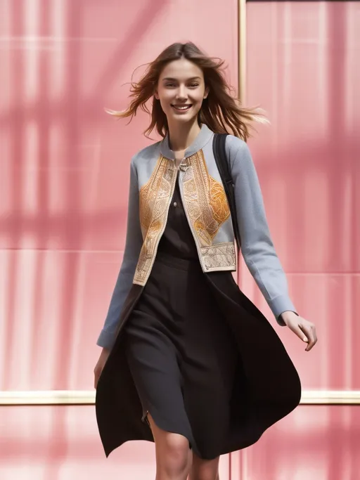 Prompt: Tall young woman walking down the high street, detailed clothing, realistic, natural lighting