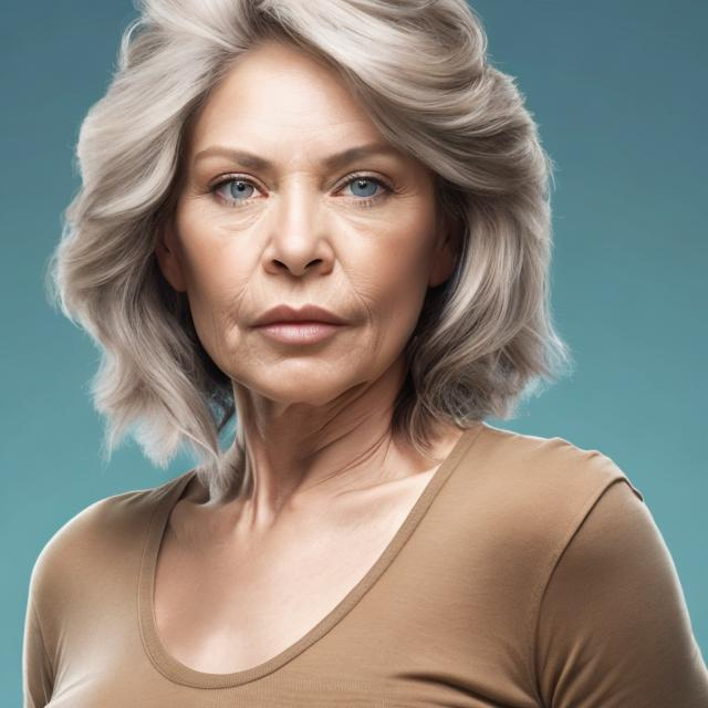 Prompt: An image of a woman in her 60's who looks 25 years old, very mucsular and curvy, from waist up, light brown hair blue eyes, IQ of 300, strength of 5 men