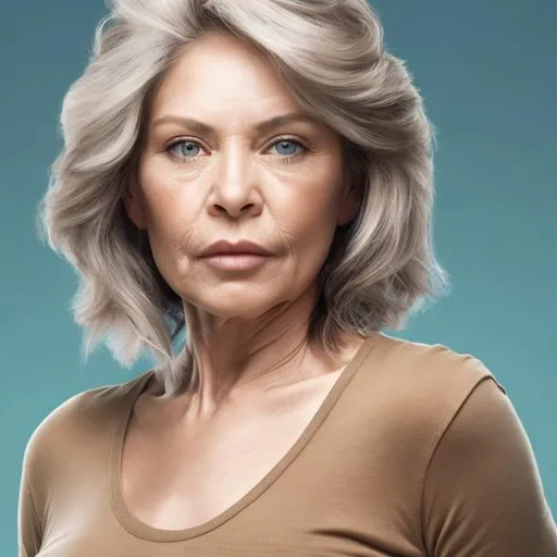 Prompt: An image of a woman in her 60's who looks 25 years old, very mucsular and curvy, from waist up, light brown hair blue eyes, IQ of 300, strength of 5 men