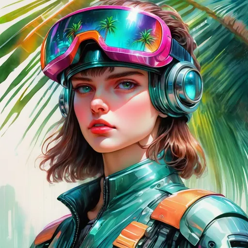 Prompt: a close up of a person wearing futuristic visors a palm tree, shiny cyberpunk colors, retrofuturism, 1980s sci-fi, game cover art, character, 4k, Watercolor style