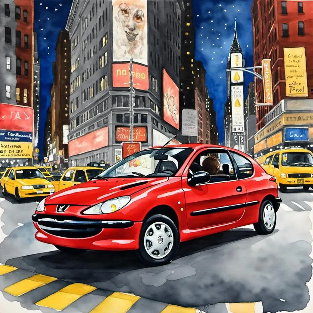 Prompt: A red <mymodel> is riding in New-York at night, realistic watercolor