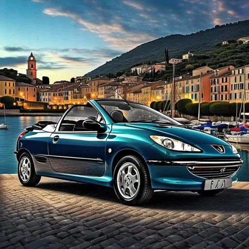 Prompt: A dark turquoise car using <mymodel> in St-Tropez France, blue hour, using the image for the artistic style