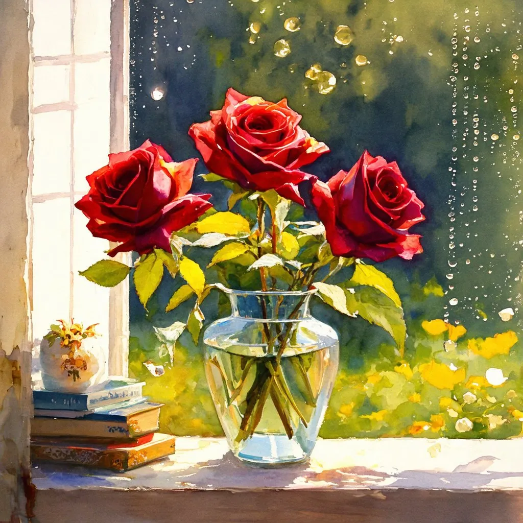 Prompt: [3 scarlet-roses in a vase with morning dew on its petals, foreground], cottage window open on a garden [background], Golden hour-time, watercolor painting style