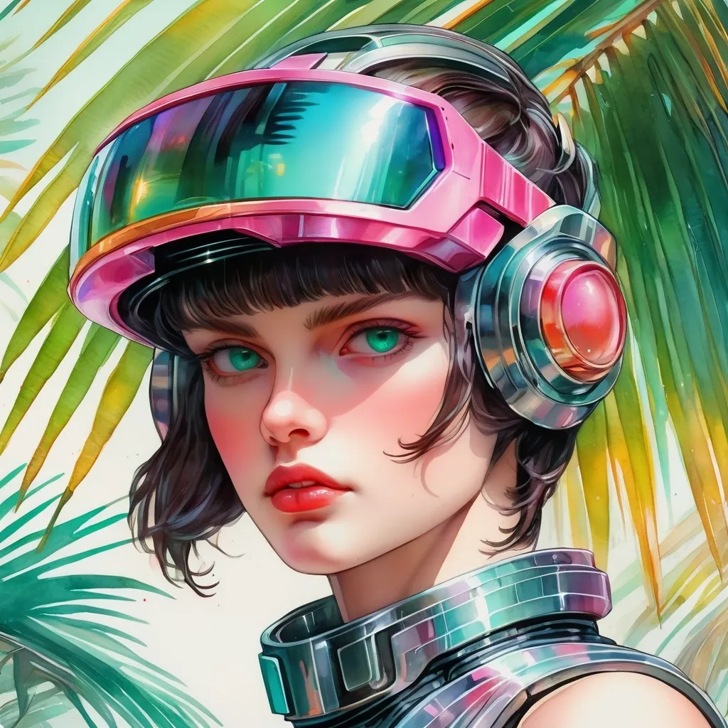 Prompt: a close up of a person wearing futuristic visors a palm tree, shiny cyberpunk colors, retrofuturism, 1980s sci-fi, game cover art, character, 4k, art deco watercolor style