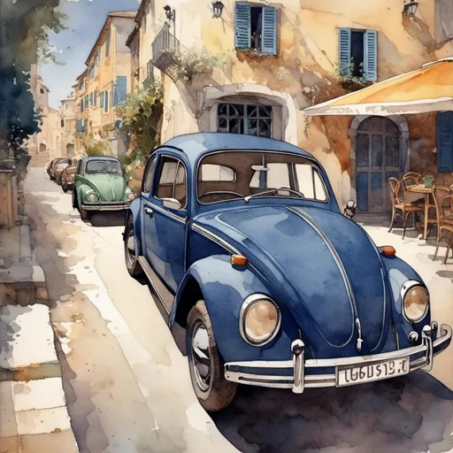 Prompt: <mymodel> VW Beetle 1955 dark blue body color in St-Tropez marina in sharp organic watercolor style