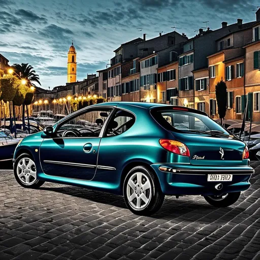 Prompt: A dark turquoise car using <mymodel> in St-Tropez France, blue hour, using the image for the artistic style