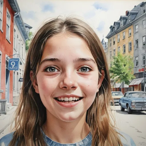 Prompt: Very exited 15 years old girl in 1968, Quebec City, summer, ultra realist Watercolor, use the seed number 829235292 to generate consistant face