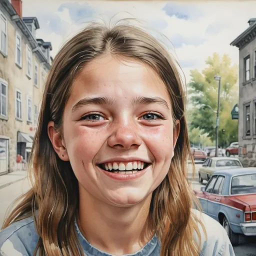 Prompt: Laugh to tears 15 years old girl in 1968, Quebec City, summer, ultra realist Watercolor, use the seed number 829235292 to generate consistant face
