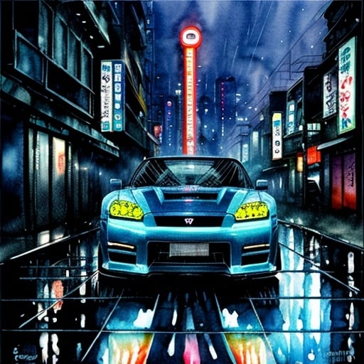 Prompt: Neo-Tokyo theme, [Nissan-GTR-car], 3 quarter view, blue hour time, wet city-streets setting in cartoon watercolor painting style