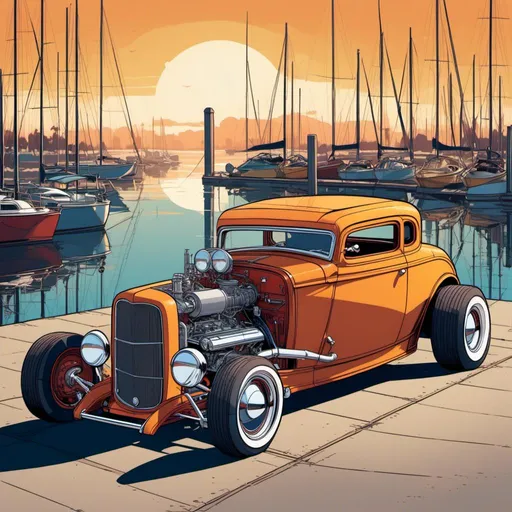 Prompt: <mymodel> Ford 1932 hot rod at a Marina in California