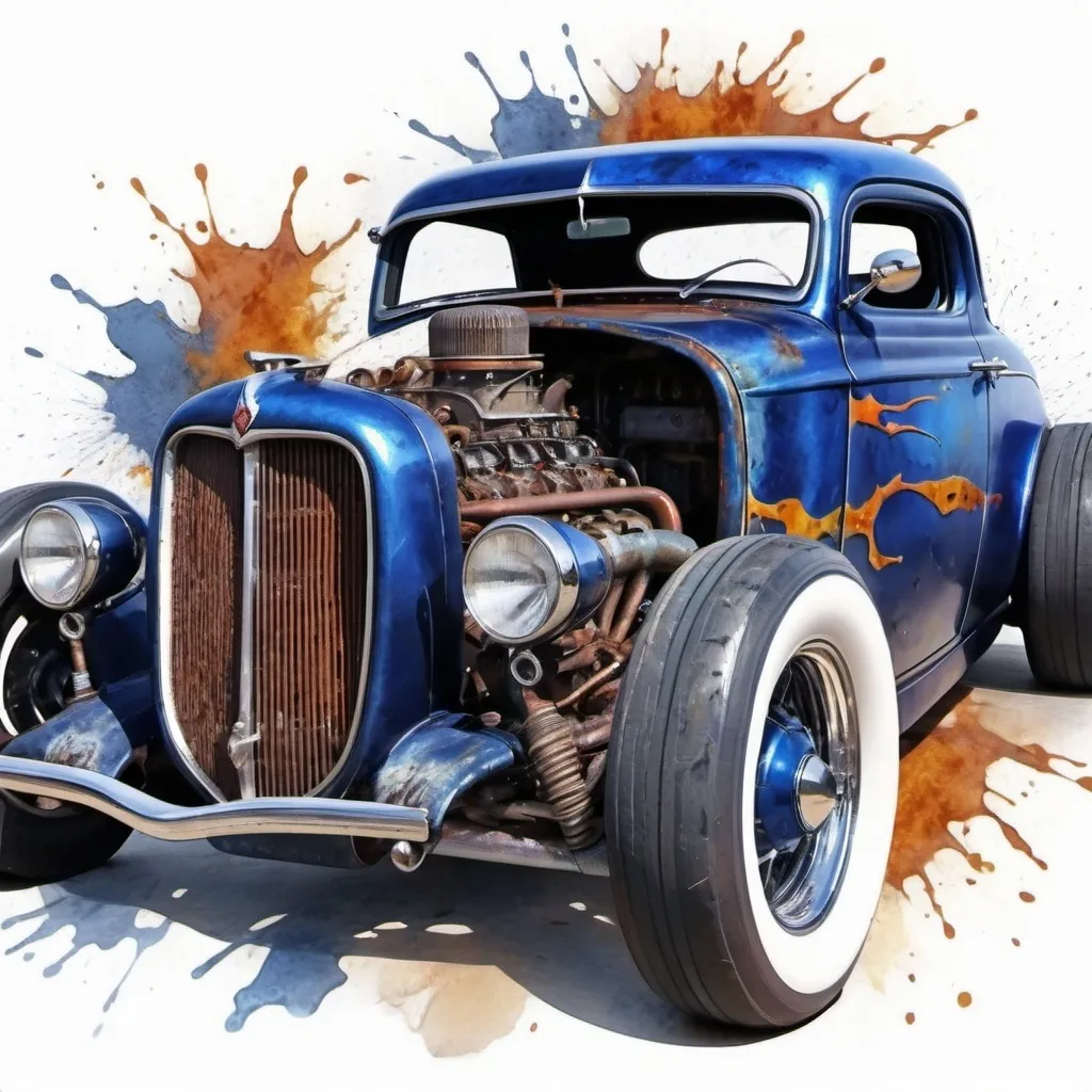 Prompt: A rusty dark blue Rockabilly Rat Rod on a white background 4K realist impressionist Watercolor