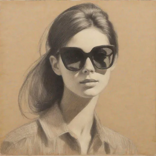 Prompt: A rough charcoal drawing of a young woman with sunglasses, 1965 hair dress style, white pencil highlights, drawn on beige paper
