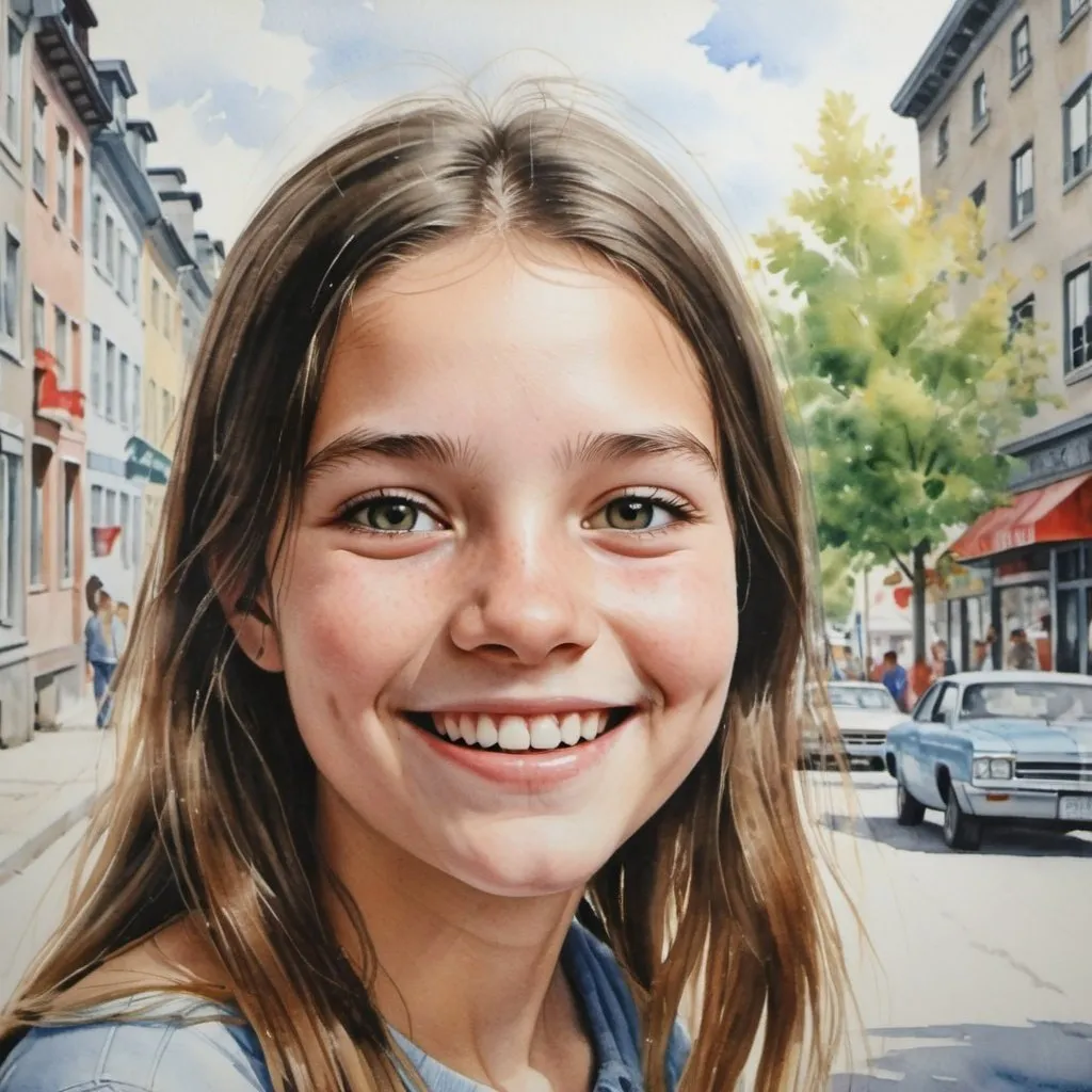 Prompt: smiling 15 years old girl in 1968, Quebec City, summer, ultra realist Watercolor, use the seed number 829235292 to generate consistant face
