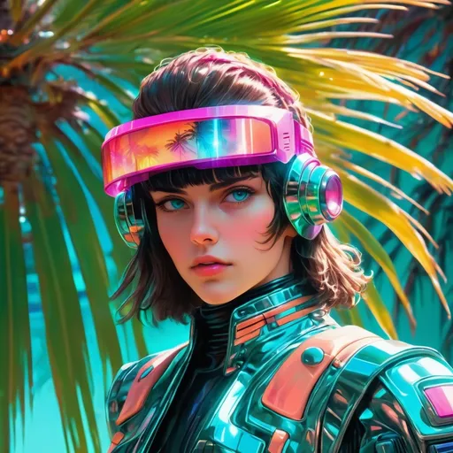 Prompt: a close up of a person wearing futuristic visors a palm tree, shiny cyberpunk colors, retrofuturism, 1980s sci-fi, game cover art, character, 4k