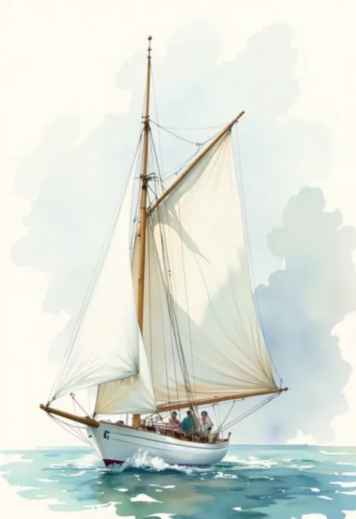 Prompt: Générer un bateau à voile des années 1910 à coque blanche, dans un style aquarelle numérique. Ce style cherche à imiter les effets classiques de l’aquarelle traditionnelle : contours doux, transparence des couleurs, textures diffuses, et lumière naturelle, lumière d'été