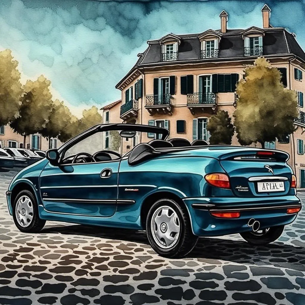 Prompt: A dark turquoise car using <mymodel> in St-Tropez France, blue hour, in watercolor style