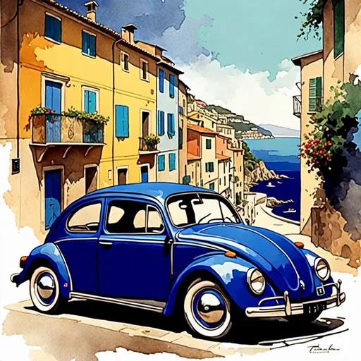 Prompt: <mymodel> VW Beetle 1955 dark blue body color in St-Tropez bay view in sharp watercolor style