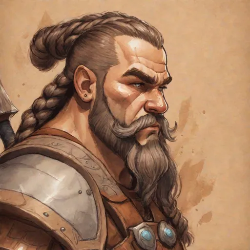 Prompt: sketch dwarf braids portrait, armor metal,axe,on light brown textured paper.world of warcraft art, watercolour and gouache detail texture