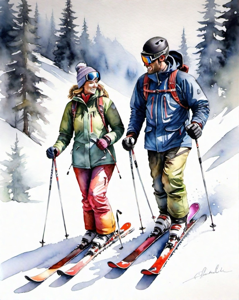 Prompt: une peinture à l’aquarelle organique 
ultra détaillée d'un couple debout en vue de face habillé en tenu de skieur 