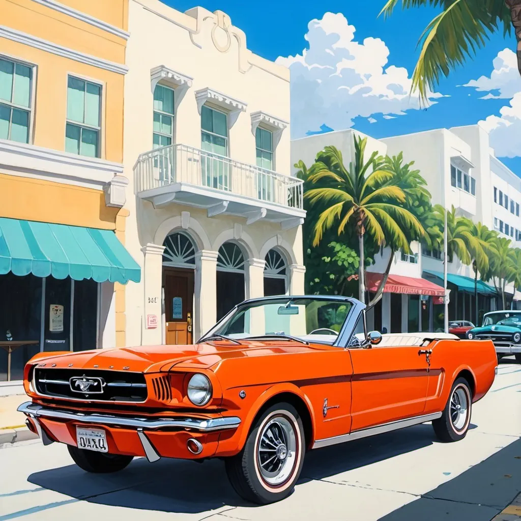 Prompt: 2d studio ghibli anime style, 1965 Ford Mustang convertible in Miami art deco district, anime scene