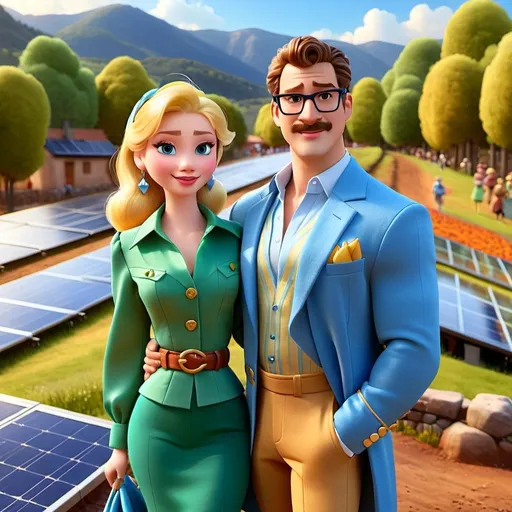 Prompt: Cinderella, sustainable lifestyle influencer, dressed in green blouse and blue jacket evoking nature, and Prince Charming, philanthropist in the fight against climate change and biodiversity protection, in costume in shades of gray and brown, suggesting sophistication and professionalism, solar and wind panels in the background, positive, optimistic and inspiring atmosphere, cartoon