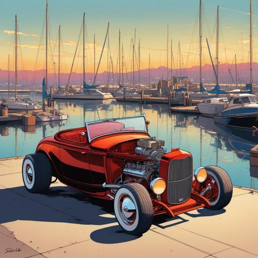 Prompt: <mymodel> Ford 1932 hot rod at a Marina in California