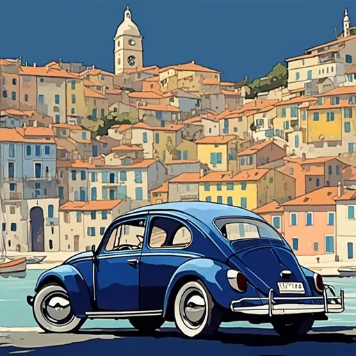 Prompt: <mymodel> VW Beetle 1955 dark blue body color in St-Tropez bay view in sharp watercolor style