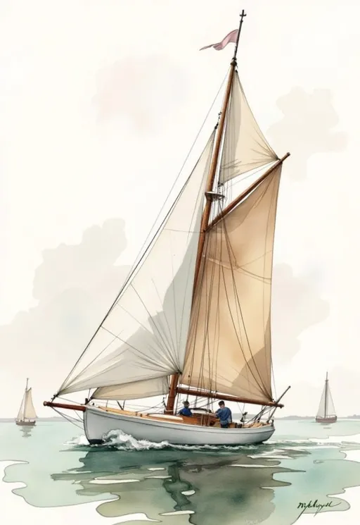 Prompt: Générer un bateau à voile des années 1910 à coque blanche, dans un style aquarelle numérique. Ce style cherche à imiter les effets classiques de l’aquarelle traditionnelle : contours doux, transparence des couleurs, textures diffuses, et lumière naturelle, lumière d'été