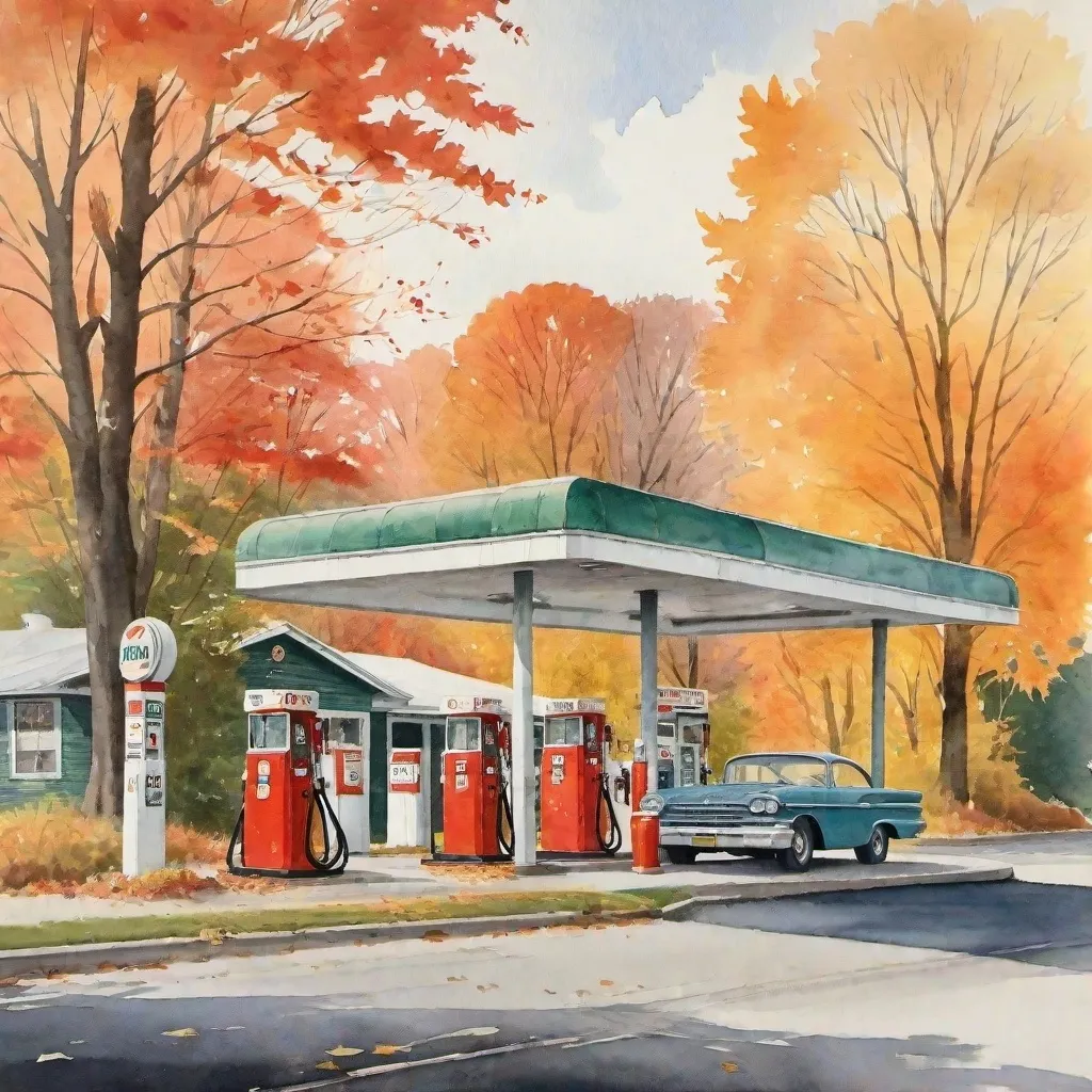 Prompt: a realist 1960 gas station, fall detailed foliage of Vermont state, ultra realist watercolor style