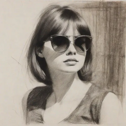 Prompt: A rough charcoal and blood pencil drawing of a young woman with sunglasses, 1965 hair dress style, drawn on white paper