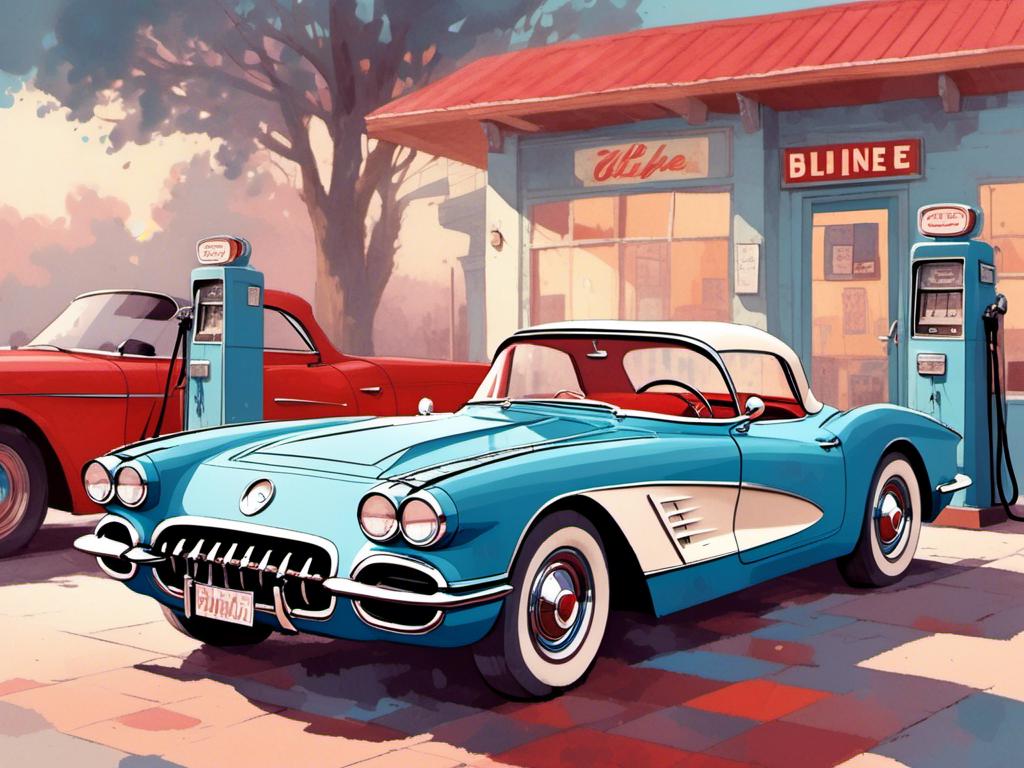 Prompt: <mymodel> (vintage gas station of the 30s) Pastel Blue 1958 Corvette with a red interior in watercolor style added 8k