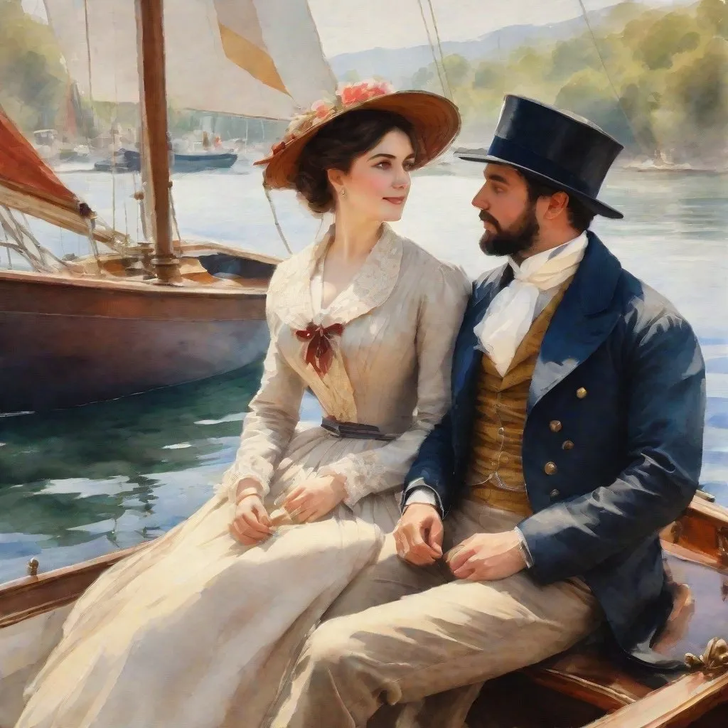 Prompt: Couple victorian era on a sail boat, impressionist watercolor, Dall-e 3 style