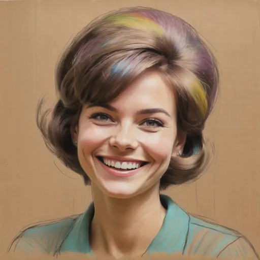 Prompt: Rough Colourful pastel sketch drawing of a smiling woman with a 1965 hair dressing on brown paper