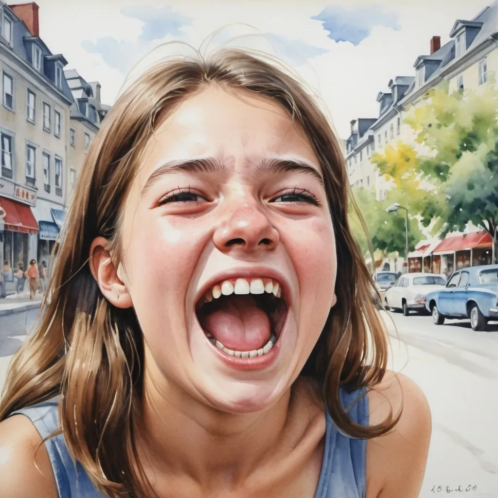 Prompt: Laugh with open mouth 15 years old girl in 1968, Quebec City, summer, ultra realist Watercolor, use the seed number 829235292 to generate consistant face
