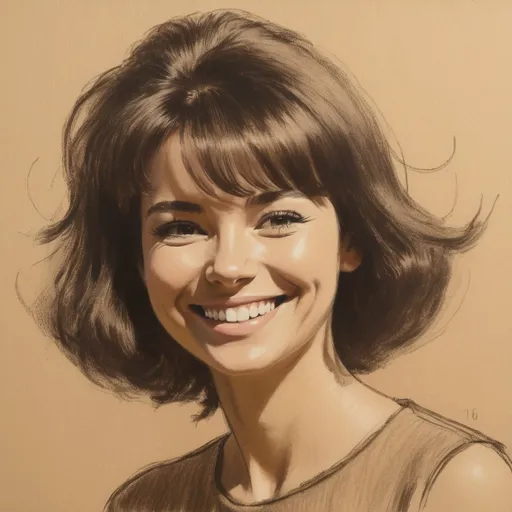 Prompt: Rough black and brown pastel sketch drawing of a smiling woman with a 1965 hair dressing on beige paper, gold hour sun light
