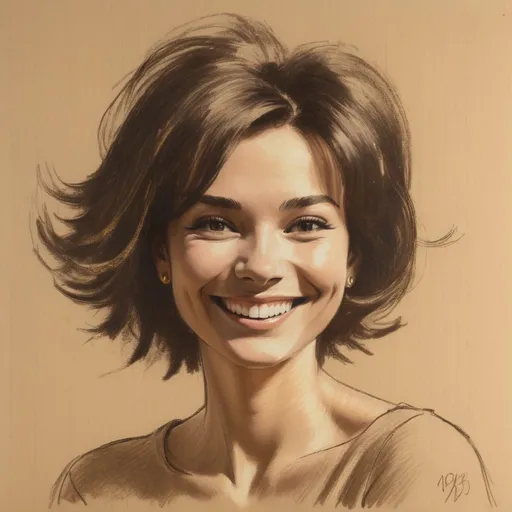 Prompt: Rough black and brown pastel sketch drawing of a smiling woman with a 1965 hair dressing on beige paper, gold hour sun light, rough drawn face
