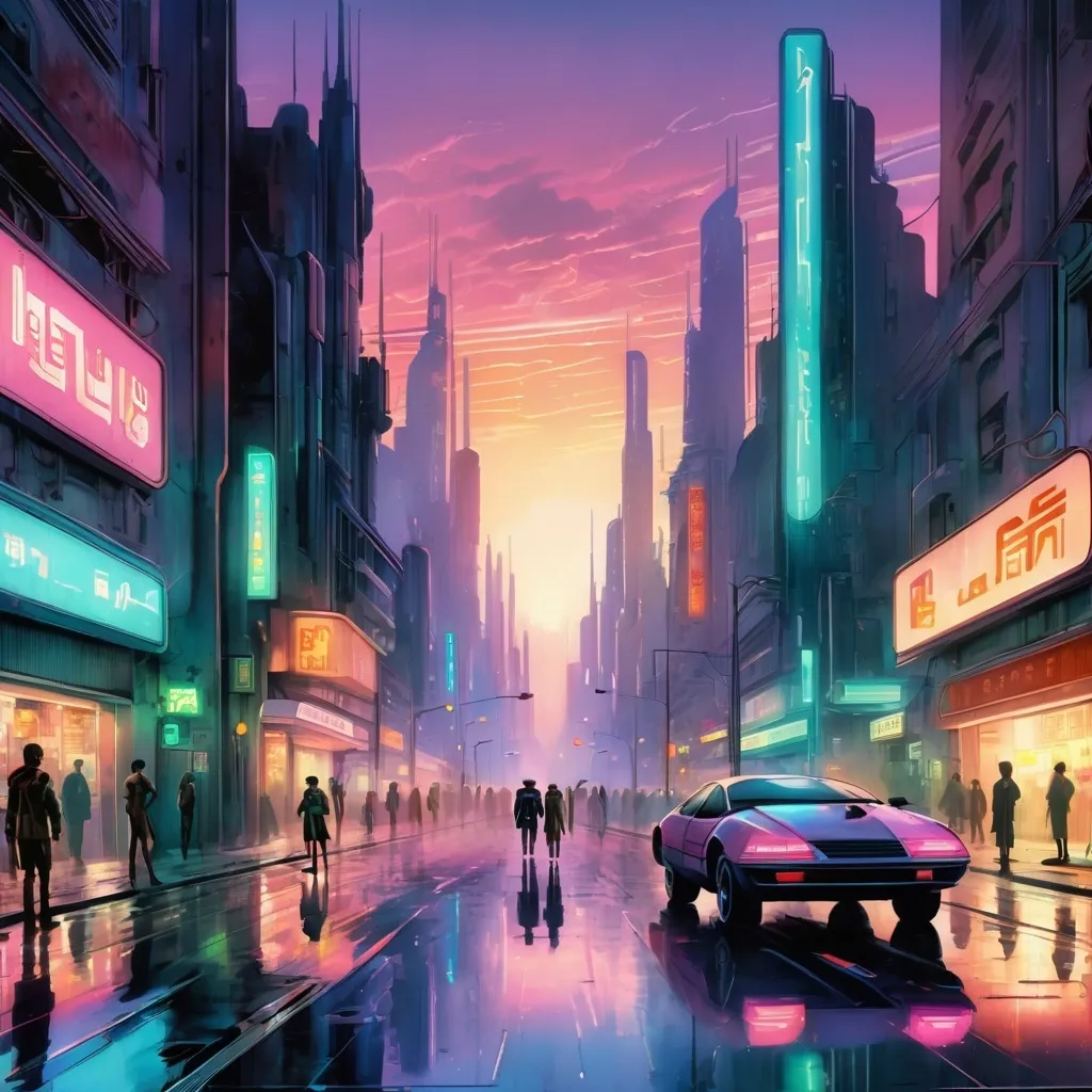 Prompt: a big city street at dusk, shiny cyberpunk colors, retrofuturism, 1980s sci-fi, game cover art, character, 4k, art deco watercolor style