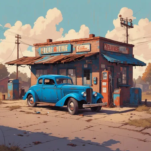 Prompt: <mymodel> (vintage gas station) blue Hot Rod of the 30s with dirt and rust zooming down the road 8k